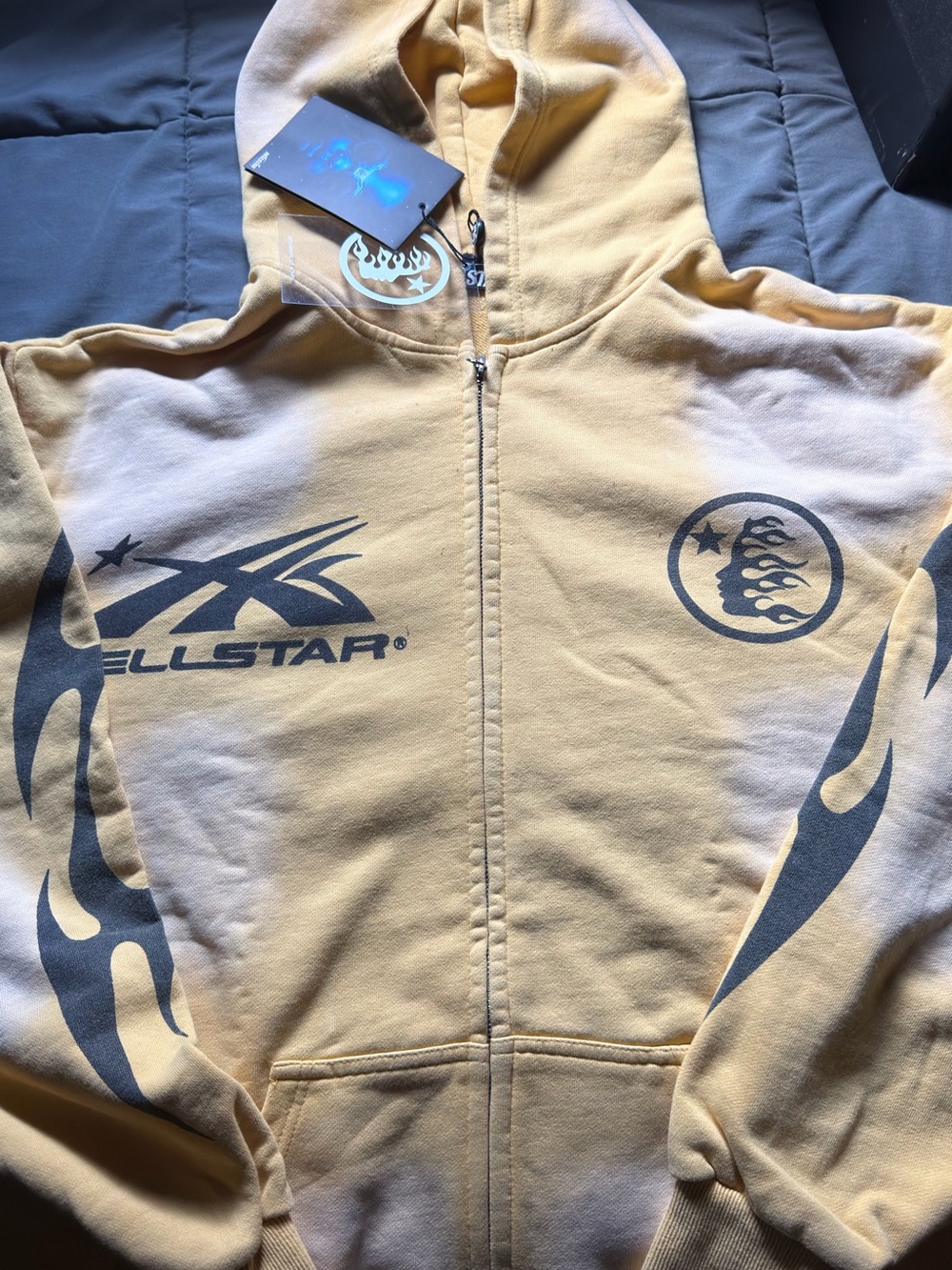 Wellstar Yellow Zip-Up Hoodie Sweater with Flame Sleeve Graphics